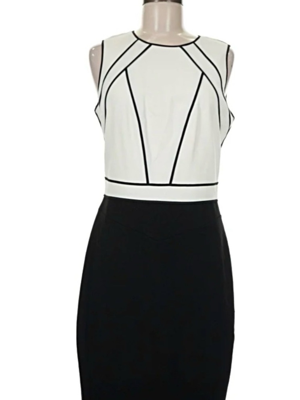 Black and White Sleeveless Midi Dress with Geometric Piping